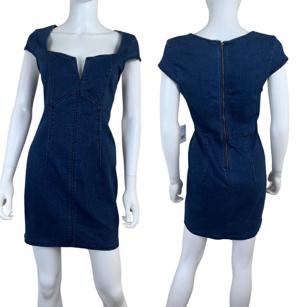 Free People Women Size M Lia Atlas Cotton Denim Bodycon Jean Mini NEW Dress Boho